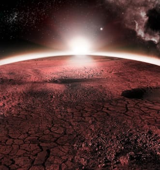 The abstract red landscape of Mars planet. Looks like cold desert on Mars with stars