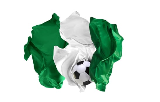 The national flag of Nigeria. World cup. Russia 2018. Flag made of fabric. Football and soccer concept. Fans concept. Soccer ball with fabric. Isolated on white background. Flying flag.