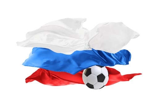 The national flag of Russia. World cup. Russia 2018. Flag made of fabric. Football and soccer concept. Fans concept. Soccer ball with fabric. Isolated on white background. Flying flag.