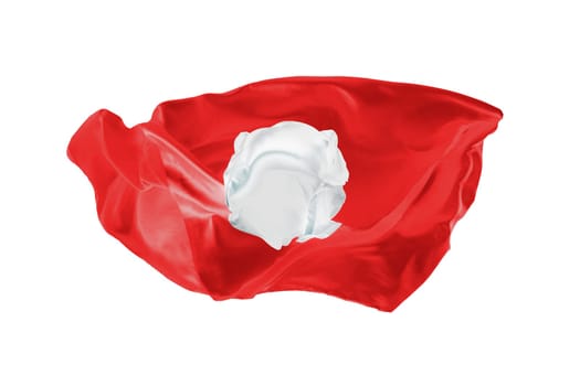 The national flag of Tunis. World cup. Russia 2018. Flag made of fabric. Football and soccer concept. Fans concept. Soccer ball with fabric. Isolated on white background. Flying flag.