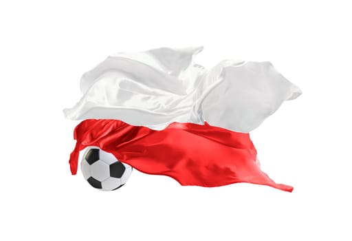 The national flag of Poland. World cup. Russia 2018. Flag made of fabric. Football and soccer concept. Fans concept. Soccer ball with fabric. Isolated on white background. Flying flag.