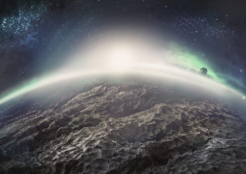 Extraterrestrial landscape of distant icy planet with nebulae and one moon on its sky