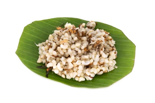Eggs of ants on banana leaf,Asian food isolated on white background