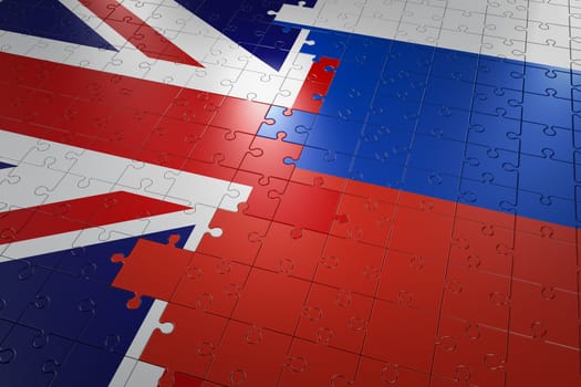 Puzzles in the form of flags of Great Britain and Russia. 3d rendering.