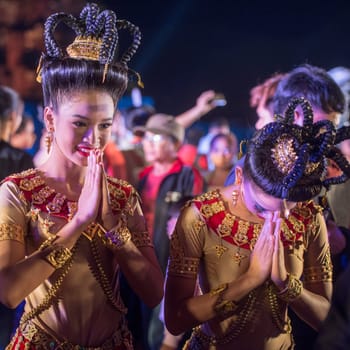 traditional dress Khmer dance girls at the Khmer Temple Ruins at the Phimai Festival in  Phimai in the Provinz Nakhon Ratchasima in Isan in Thailand.  Thailand, Phimai, November, 2017