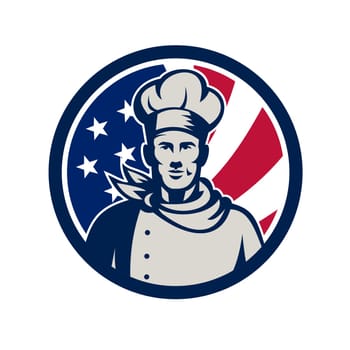 Icon retro style illustration of an American baker, chef or cook fron view with United States of America USA star spangled banner or stars and stripes flag inside circle isolated background.