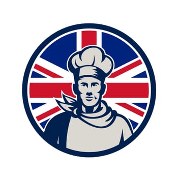 Icon retro style illustration of a male British baker, chef or cook from waist up viewed from front with United Kingdom UK, Great Britain Union Jack flag set inside circle on isolated background.