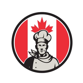 Icon retro style illustration of a Canadian chef, baker or cook viewed from from front waist up with Canada maple leaf flag set inside circle on isolated background.
