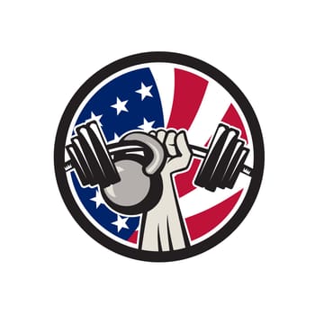 Icon retro style illustration of an American hand lifting a barbell and kettlebell with United States of America star spangled banner or stars and stripes flag set inside circle isolated background.