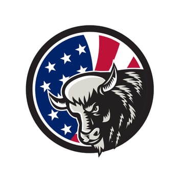 Icon retro style illustration of a North American buffalo or bison with United States of America USA star spangled banner or stars and stripes flag inside circle isolated background.