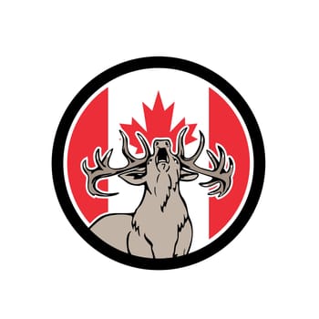 Icon retro style illustration of a Canadian stag deer roaring viewed from front  with Canada maple leaf flag set inside circle on isolated background.