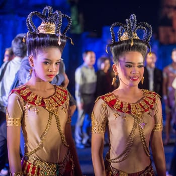 traditional dress Khmer dance girls at the Khmer Temple Ruins at the Phimai Festival in  Phimai in the Provinz Nakhon Ratchasima in Isan in Thailand.  Thailand, Phimai, November, 2017