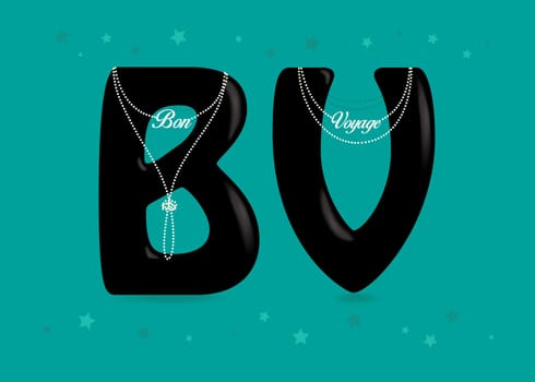 Bon Voyage. Black letters - B and V. White pearl necklaces with texts as pendants. Colorful frame of stars and confetti. Green background. Illustration