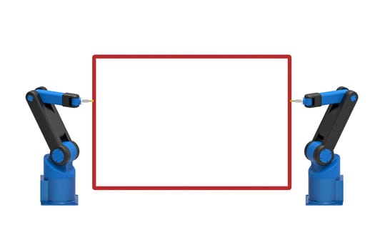 Two robots holding empty blank board, 3d rendering, on white background