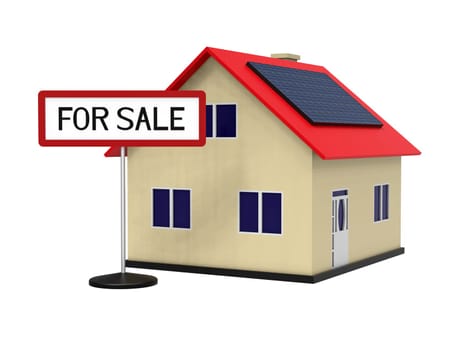 House with solar panel for sale, 3d rendering, on white background
