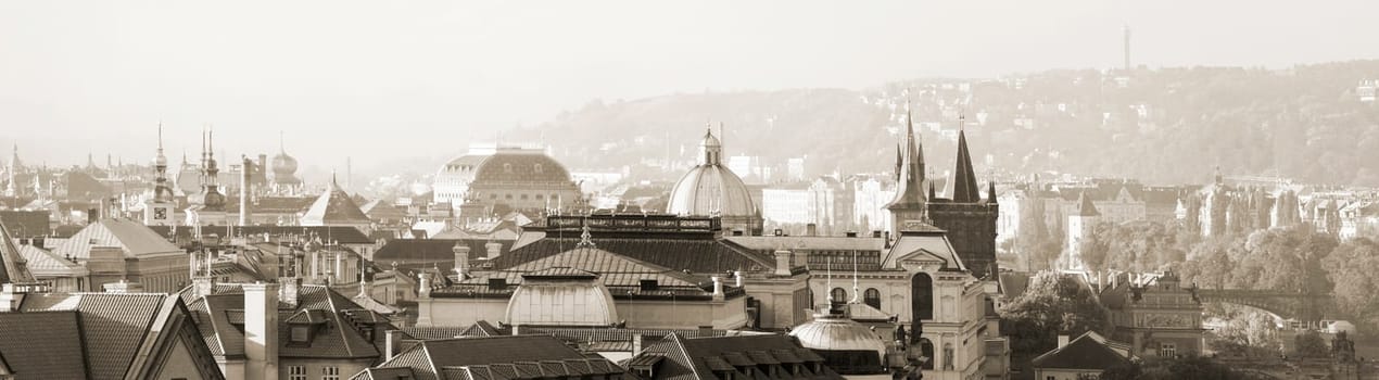 morning sunny Prague panorama. Beautiful view of Prague's Old Town with its architectural sights. Metropolis,charm,Europe,culture,travel,history. October 2017