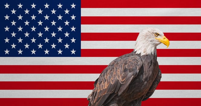 American flag and Bald Eagle. National symbols of USA. Patriotic US banner, emblem, background. Flag of the United States of America with real detailed fabric texture. American national official flag