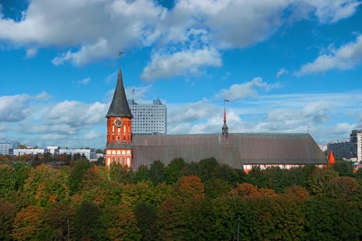 Cityscape of Kaliningrad, Russia, Europe. Gothic cathedral in Kaliningrad city, formerly Koenigsberg, Germany. Beautiful view of Kant Island. The center of city in autumn. Birds eye panorama
