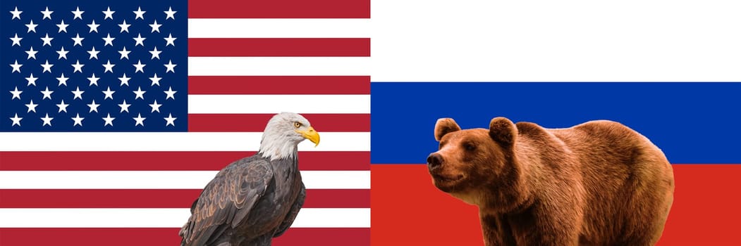 Concept of relations USA and Russia. American and Russian flags. Bald Eagle, brown bear. Relationship, conflict, confrontation between USA and Russia. American and russian partnership, collaboration