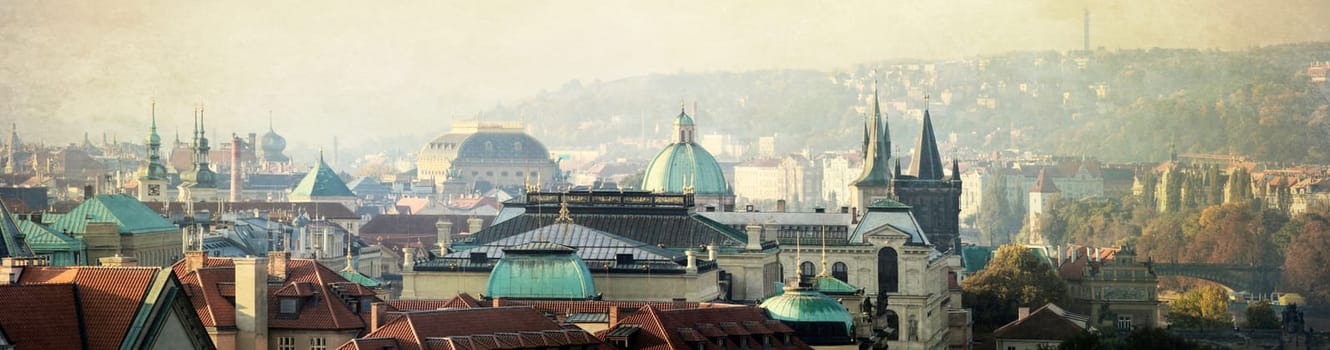 morning sunny Prague panorama,nostalgic. Beautiful view of Prague's Old Town with its architectural sights. Metropolis,charm,Europe,culture,travel,history. October 2017