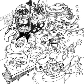 Telephone scribble with male,TV and coffee pot