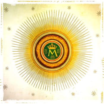Monogram of the Our Lady, with crown, sun and stars on the background. Grungy frame..