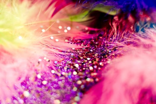 Soft feather with sparkles with artistic bright light and shadows. Soft blurred background of artistic close-up glitter macro image.