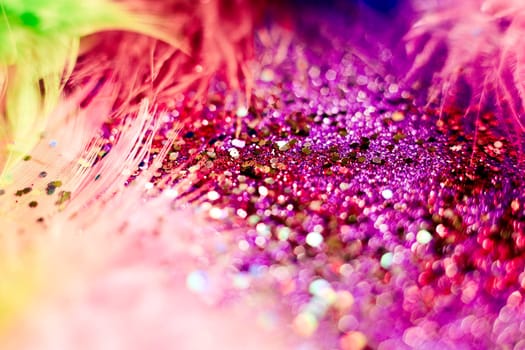 Soft feather with sparkles with artistic bright light and shadows. Soft blurred background of artistic close-up glitter macro image.