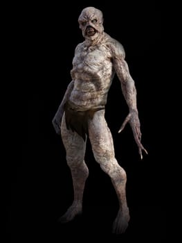 Full figure portrait of a daemon monster creature standing, 3D rendering. Black background.