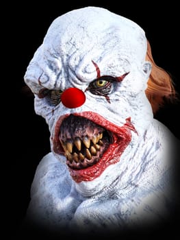 Portrait of an evil looking clown, 3D rendering. Black background.