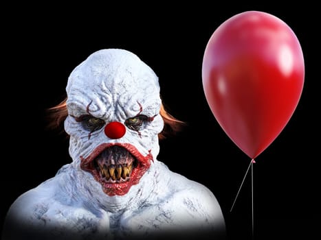 Portrait of an evil looking clown holding a red balloon, 3D rendering. Black background.