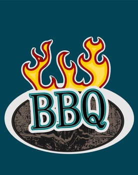 BBQ on a wooden sign with flames, vector illustration