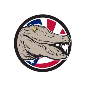 Icon retro style illustration of an American alligator, crocodilian of the family Alligatoridae with United States of America USA star spangled banner or stars and stripes flag inside circle.