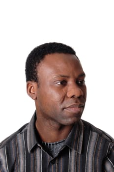 A close up image of an African American man in a striped shirt looing.away und serious, isolated for white background.