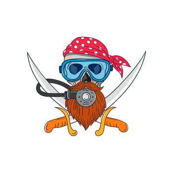 Drawing sketch style illustration of a pirate skull with hipster beard and wearing a diver or diving mask and regulator with crossed sword or cutlass and bandana or kerchief on isolated background.
