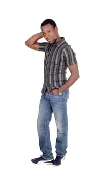 An African American man standing isolated for white background with.one hand on his head, looking sad, isolated for white background.