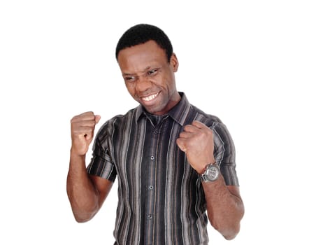 A handsome African American man in a striped shirt making with both.hands the yes and OK sign, isolated for white background.