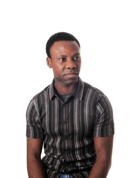 A close up image of an African American man in a striped shirt .und serious look, isolated for white background.