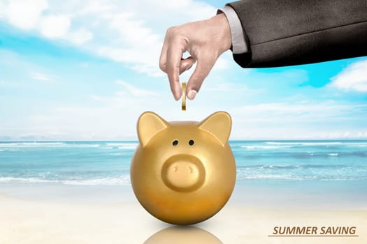 Businessman hands put coin in to the piggy bank. Summer saving concept