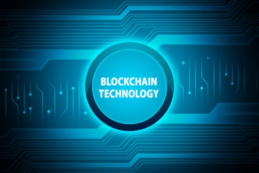 Blockchain technology text on blue button with digital background