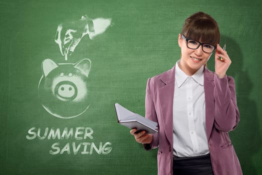 Pretty asian business woman with summer savings sign on the whiteboard. Summer saving concept