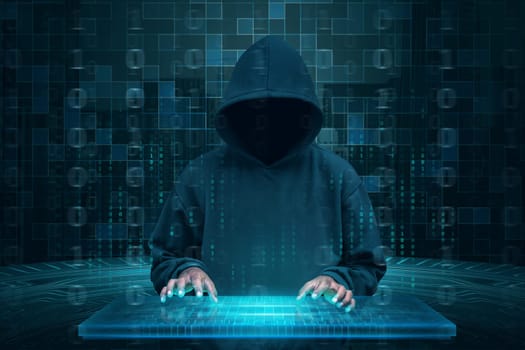 Hacker with hoodie using virtual keyboard to hacking system. Blockchain technology concept