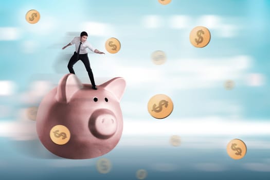 Handsome asian businessman standing on a piggy bank. Summer saving concept