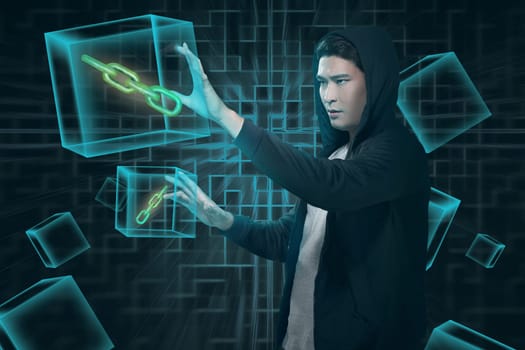 Young asian man with virtual blockchain. Blockchain technology concept