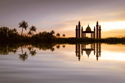 Reflection of beautiful mosque on the water during sunset