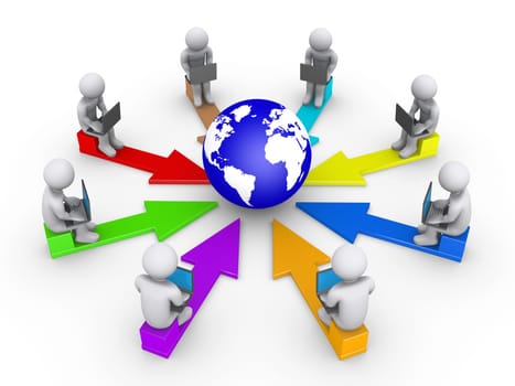 3d people with laptops are sitting on arrows pointing to the globe in the middle
