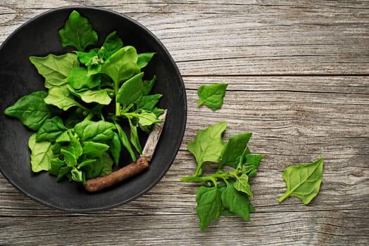 Fresh spinach leaves in bowl on rustic wooden table.