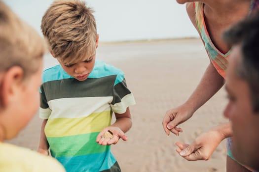 Family looking at shells and sea life which they have found at the beach.