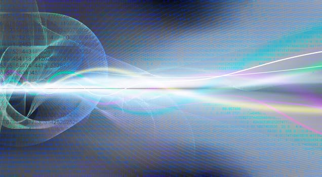 abstract line network on background structure collaged with horizon line. Numbers,waves,lines,space,movement,creativity,symbol,dynamics,net,computer,technology,banner,concept.