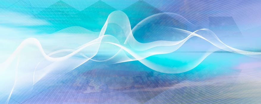 abstract line network on background structure collaged with horizon line. Numbers,waves,lines,space,movement,creativity,symbol,dynamics,net,computer,technology,banner,concept.